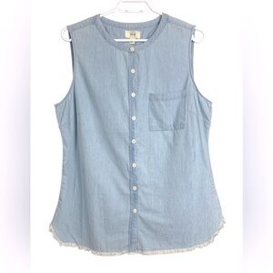 Per Se 100% Cotton Button Up Sleeveless Shirt, Lightweight, Light wash, Pocket
